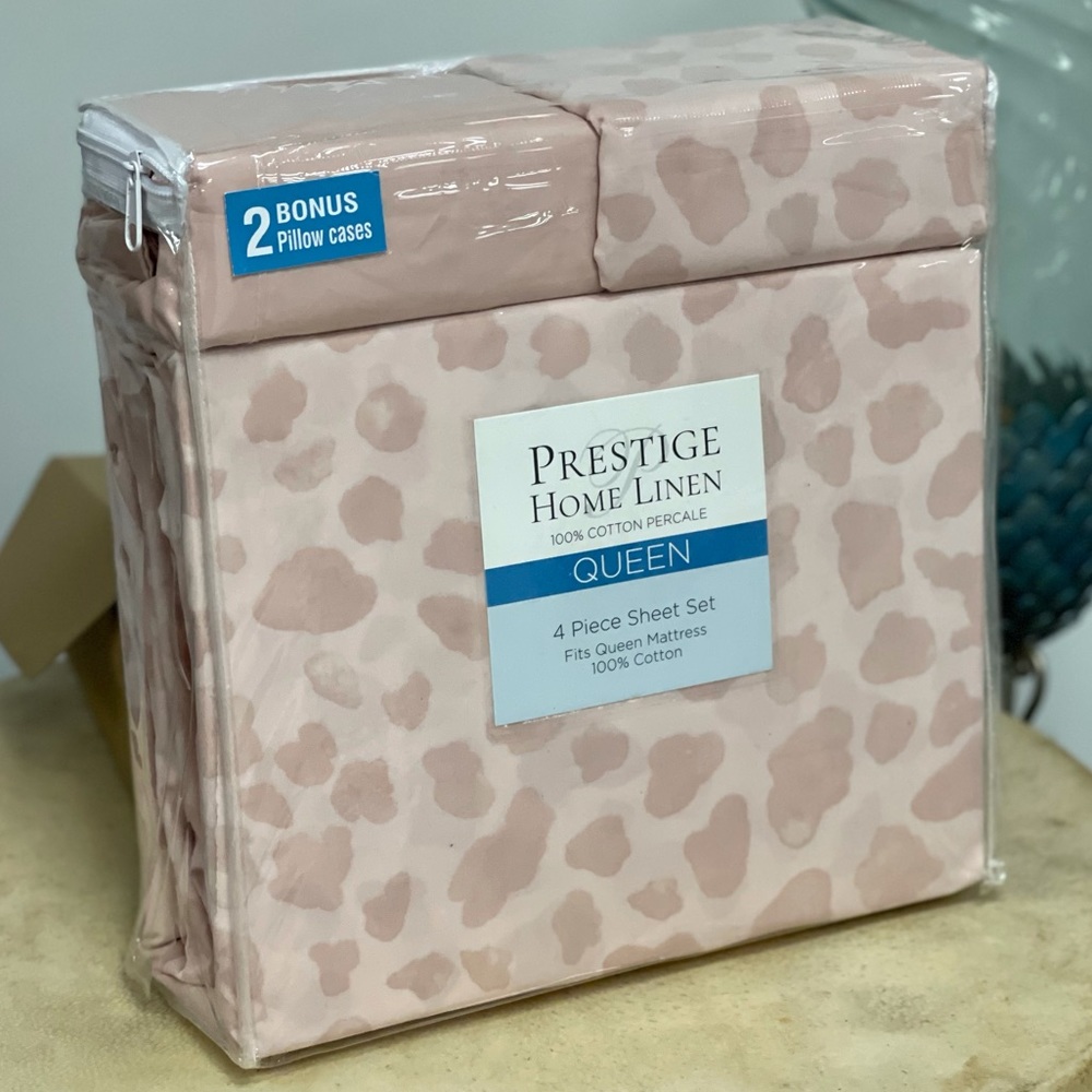 Pink Cheetah Print 100% Cotton Percale Bedsheet Set, Queen